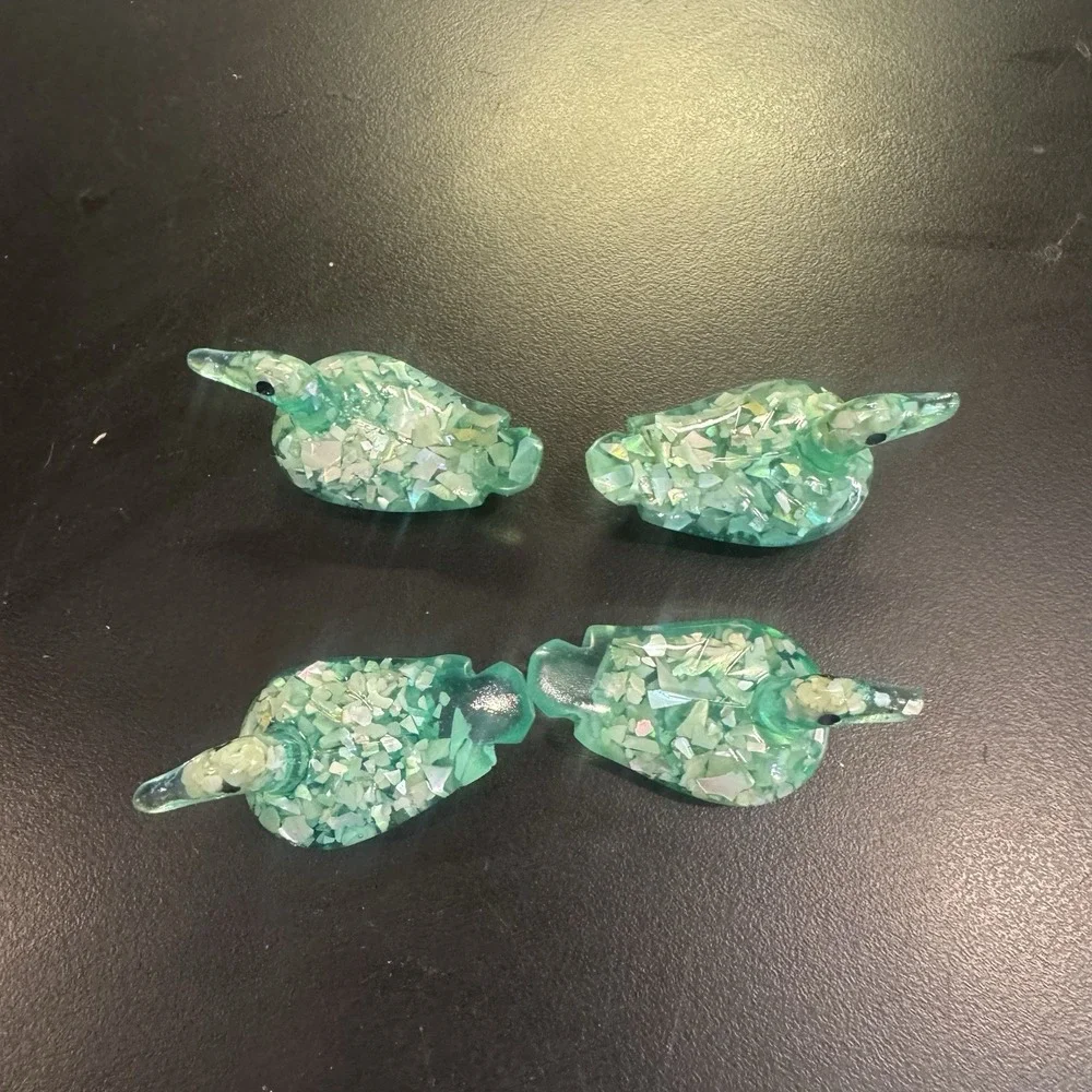 Handmade Resin Duck Figurines Green Mother‎ Of Pearl Confetti Set of 4 Miniature